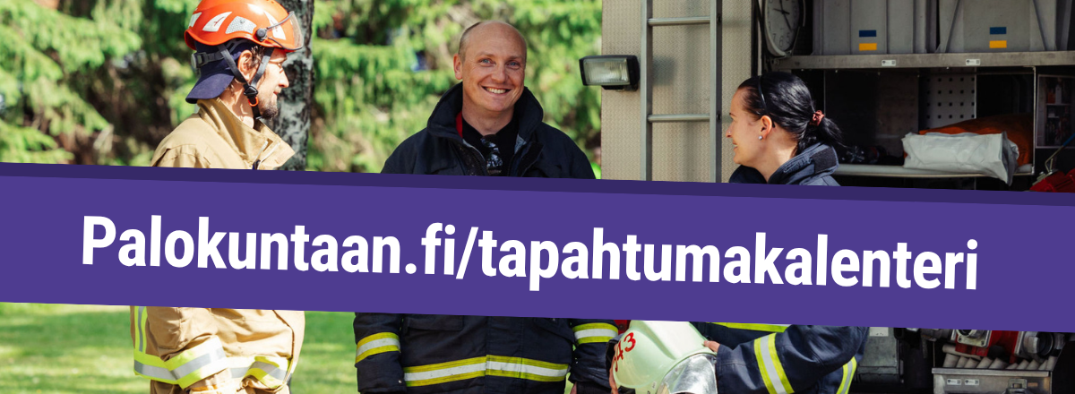 palokuntalaisia paloauton edessä ja teksti palokuntaan.fi/tapahtumakalenteri